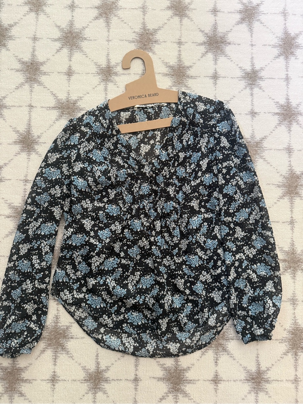 Veronica Beard Black Floral V-Neck Long Sleeve Blouse with Blue & White Print